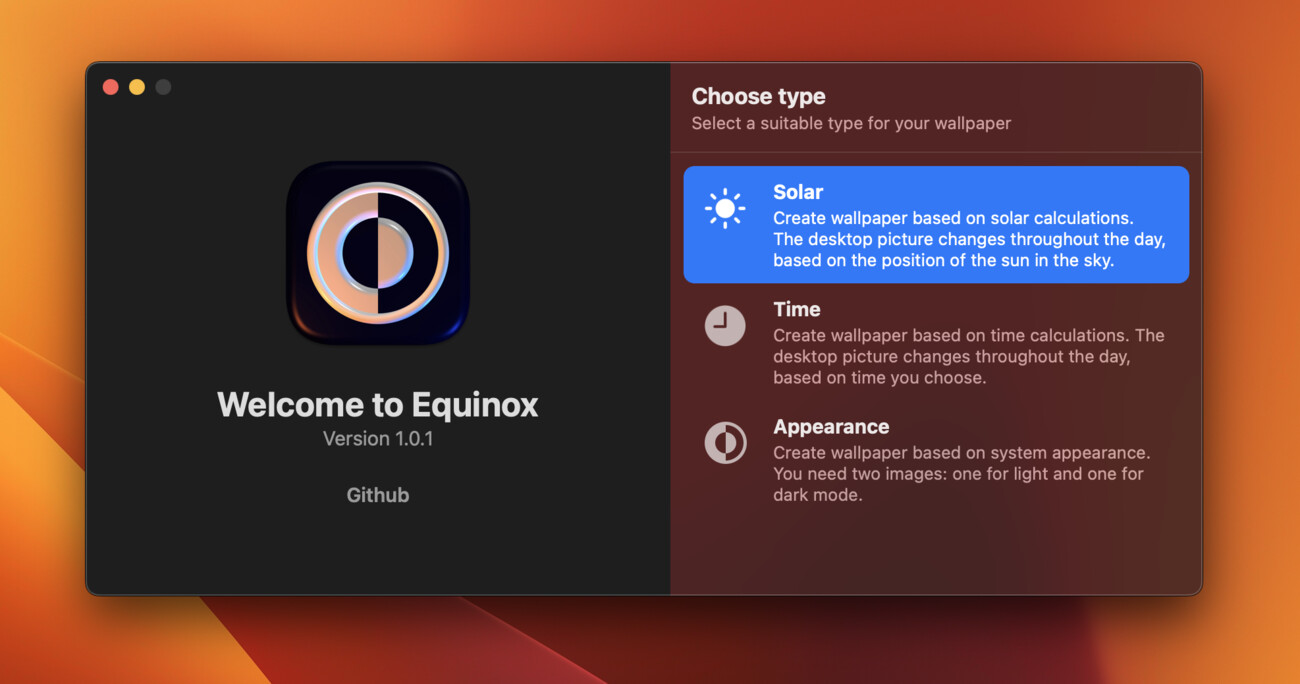 Equinox App - Wallpaper Type Selecter